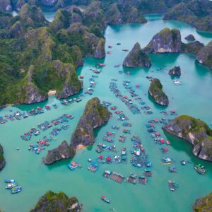 A skyview of a floating fishing village in Lan Ha Bay captured by a guide on the boat. Photo by HiVOOC.